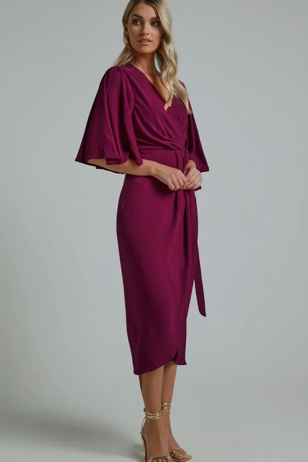Meagan Midi Dress 8211 V Neck Flutter Sleeve Pleated Detail Wrap In Aubergine Women Showpo Dresses