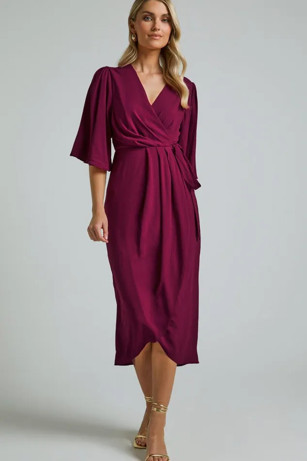 Meagan Midi Dress 8211 V Neck Flutter Sleeve Pleated Detail Wrap In Aubergine Women Showpo Dresses