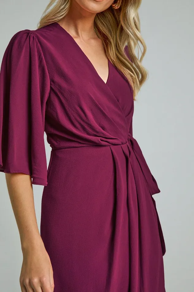 Meagan Midi Dress 8211 V Neck Flutter Sleeve Pleated Detail Wrap In Aubergine Women Showpo Dresses