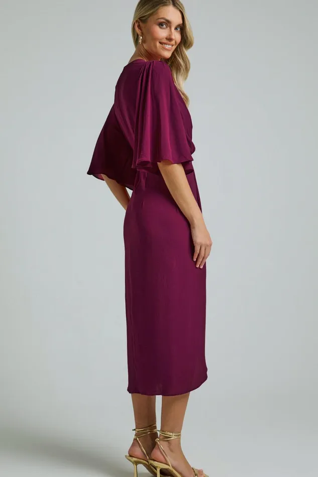 Meagan Midi Dress 8211 V Neck Flutter Sleeve Pleated Detail Wrap In Aubergine Women Showpo Dresses