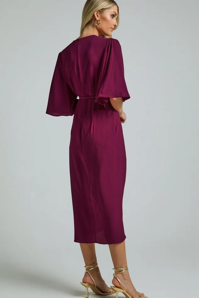 Meagan Midi Dress 8211 V Neck Flutter Sleeve Pleated Detail Wrap In Aubergine Women Showpo Dresses