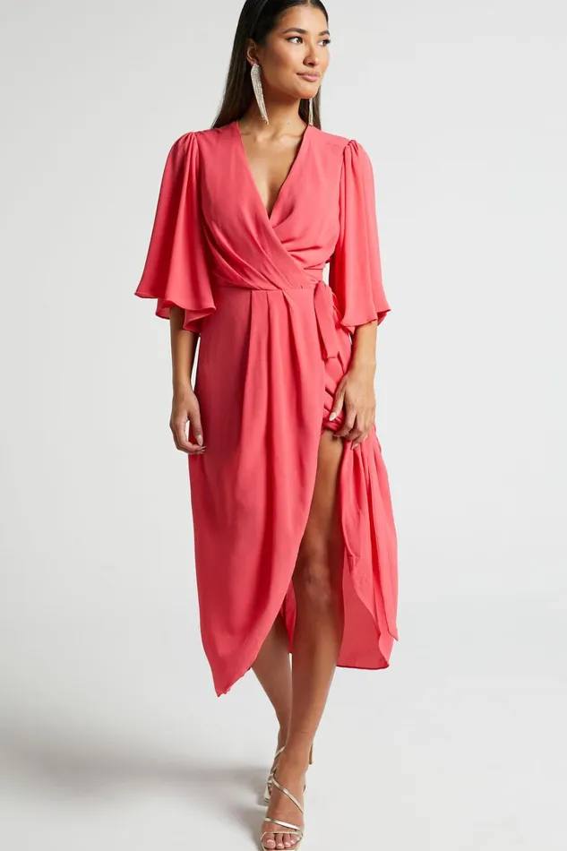 Meagan Midi Dress 8211 V Neck Flutter Sleeve Pleated Detail Wrap In Pink Women Showpo Dresses Meagan Midi Dress 8211 V Neck Flutter Sleeve Pleated Detail Wrap In Pink Women Showpo Dresses