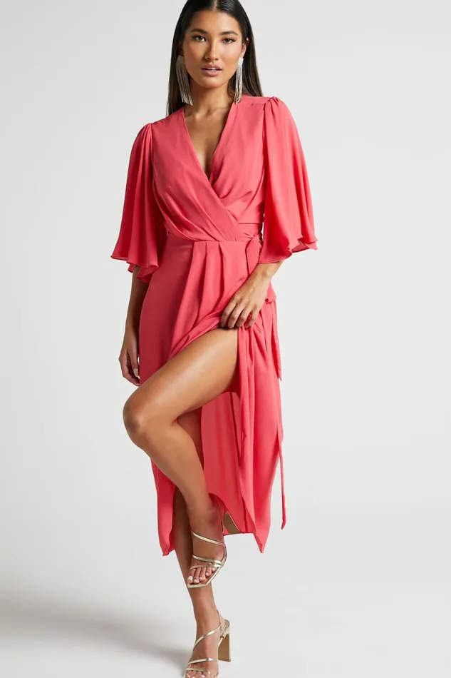 Meagan Midi Dress 8211 V Neck Flutter Sleeve Pleated Detail Wrap In Pink Women Showpo Dresses