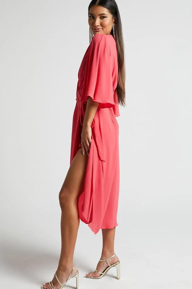 Meagan Midi Dress 8211 V Neck Flutter Sleeve Pleated Detail Wrap In Pink Women Showpo Dresses
