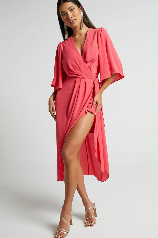 Meagan Midi Dress 8211 V Neck Flutter Sleeve Pleated Detail Wrap In Pink Women Showpo Dresses