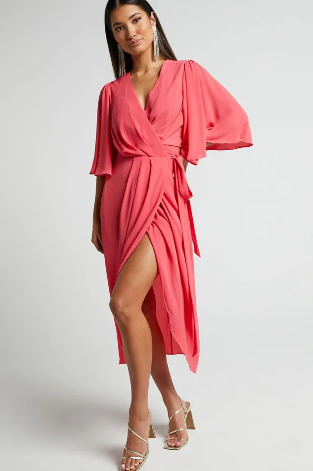 Meagan Midi Dress 8211 V Neck Flutter Sleeve Pleated Detail Wrap In Pink Women Showpo Dresses