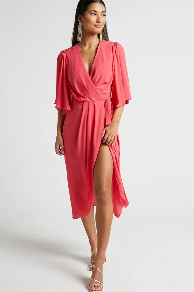 Meagan Midi Dress 8211 V Neck Flutter Sleeve Pleated Detail Wrap In Pink Women Showpo Dresses