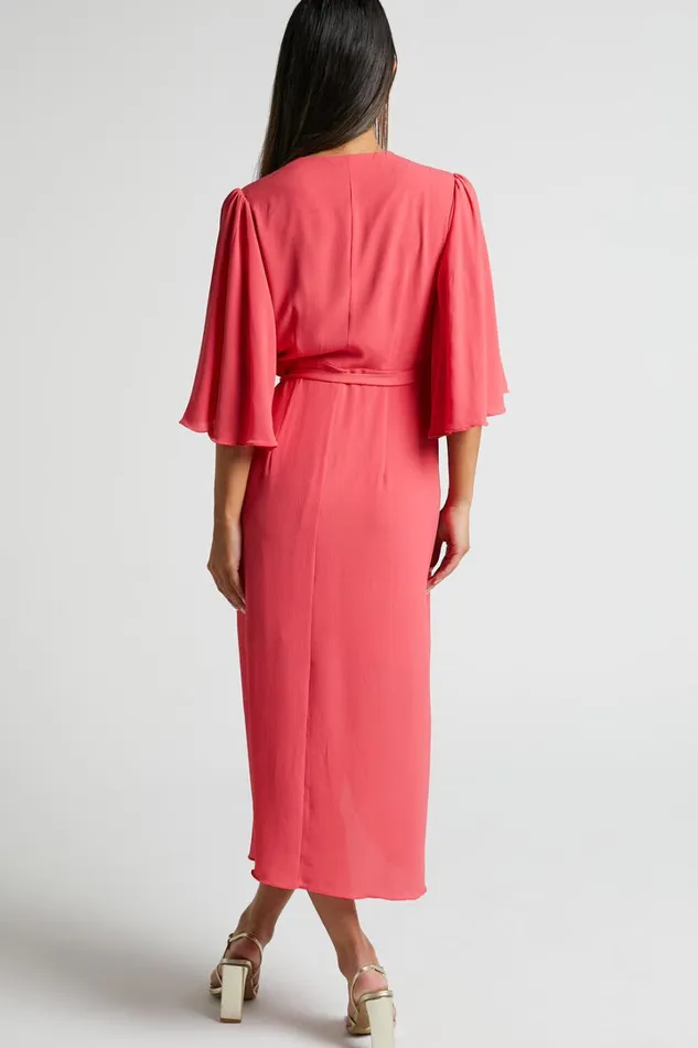Meagan Midi Dress 8211 V Neck Flutter Sleeve Pleated Detail Wrap In Pink Women Showpo Dresses