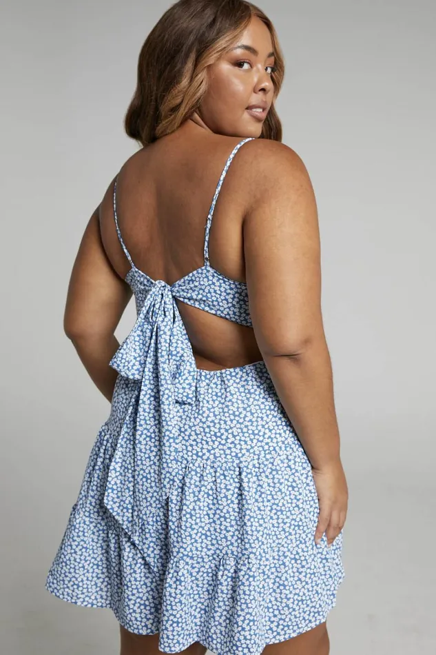Melodie Mini Dress 8211 Tie Back Tiered Dress In Blue Floral Women Showpo Curve Clothes