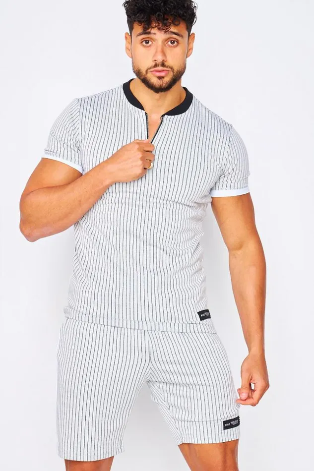 Men 2 Piece CoOrd Set TShirt Shorts With Vertical Stripe In White White Brentiny Paris Top Bottom Sets