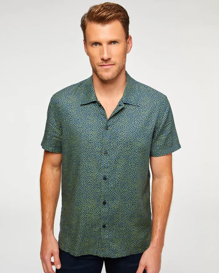 Men 7 For All Mankind Shirts Short Sleeve Camp Collar Shirt In Navy 038 Grass Dots