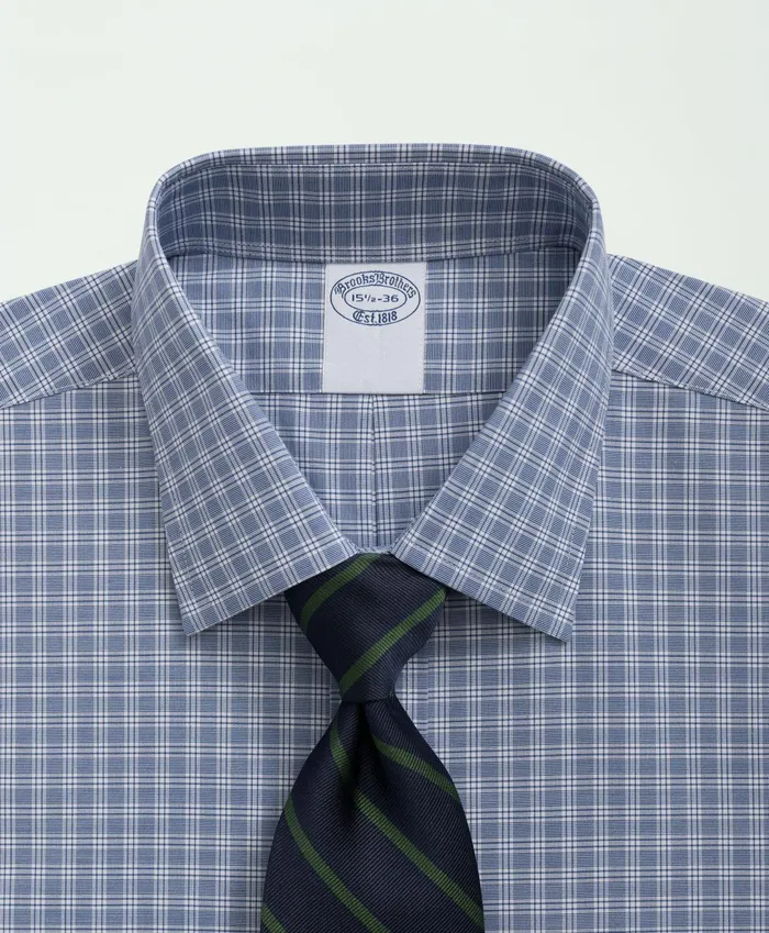 Men Big and Tall Stretch Supima Cotton NonIron Poplin Ainsley Collar Checked Dress Shirt Bright Blue Brooks Brothers Dress Shirts