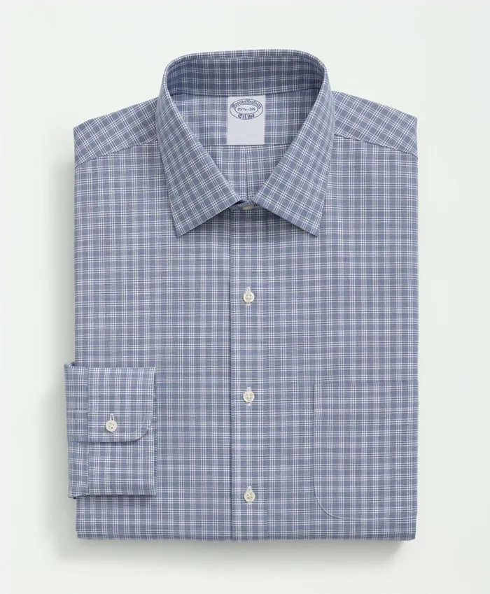 Men Big and Tall Stretch Supima Cotton NonIron Poplin Ainsley Collar Checked Dress Shirt Bright Blue Brooks Brothers Dress Shirts