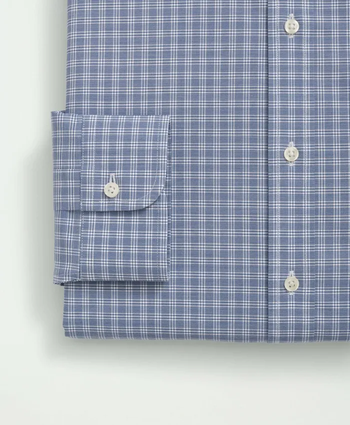 Men Big and Tall Stretch Supima Cotton NonIron Poplin Ainsley Collar Checked Dress Shirt Bright Blue Brooks Brothers Dress Shirts