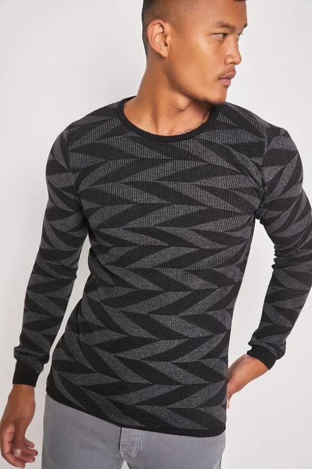 Men Black Dark Gray Sweater With Geometric Print Brentiny Paris Sweatshirts and Pullovers