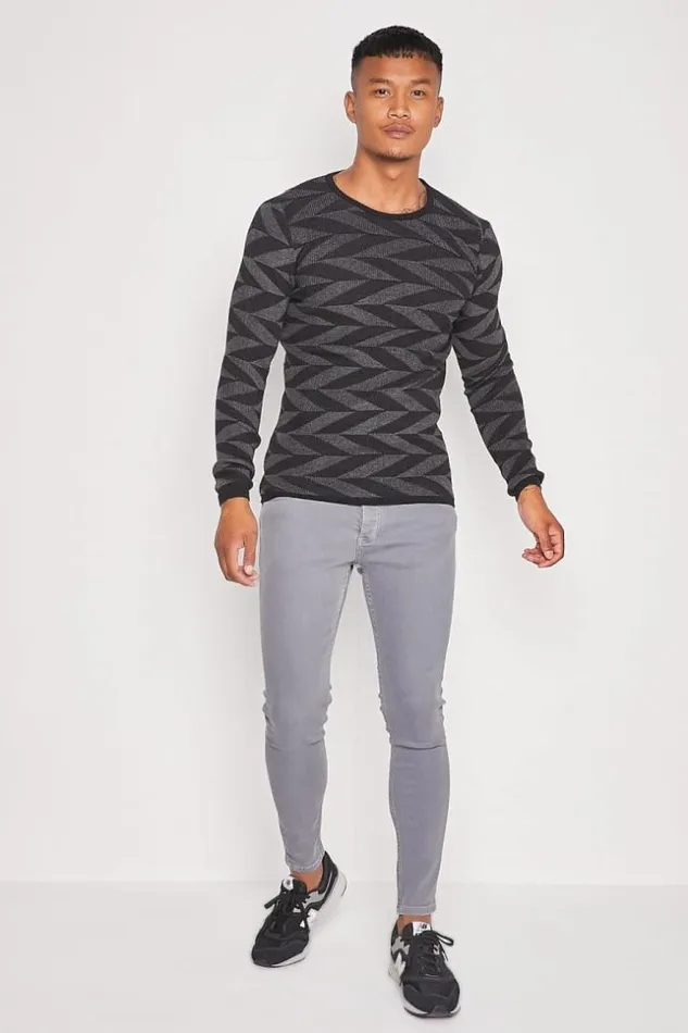 Men Black Dark Gray Sweater With Geometric Print Brentiny Paris Sweatshirts and Pullovers