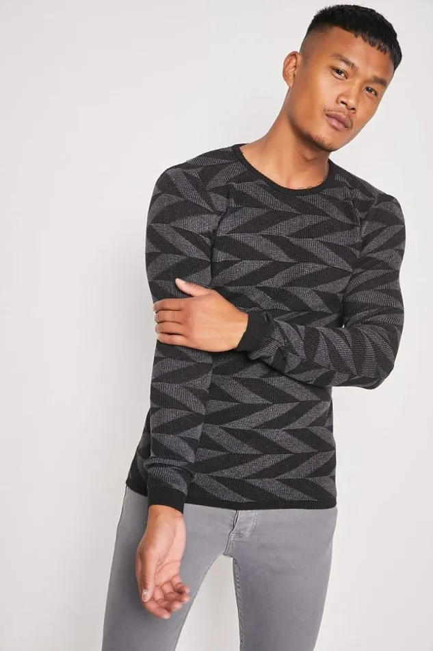 Men Black Dark Gray Sweater With Geometric Print Brentiny Paris Sweatshirts and Pullovers