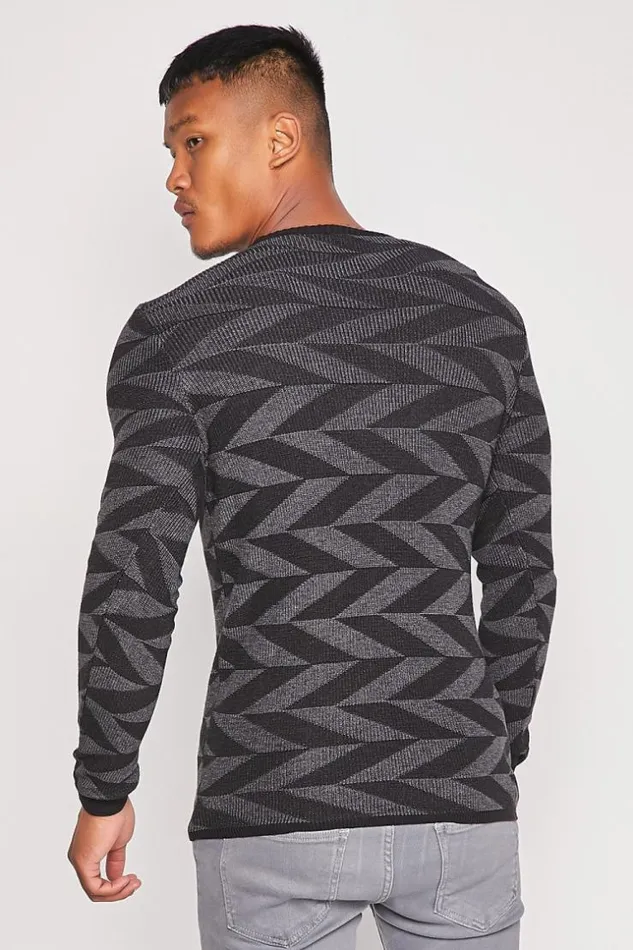Men Black Dark Gray Sweater With Geometric Print Brentiny Paris Sweatshirts and Pullovers
