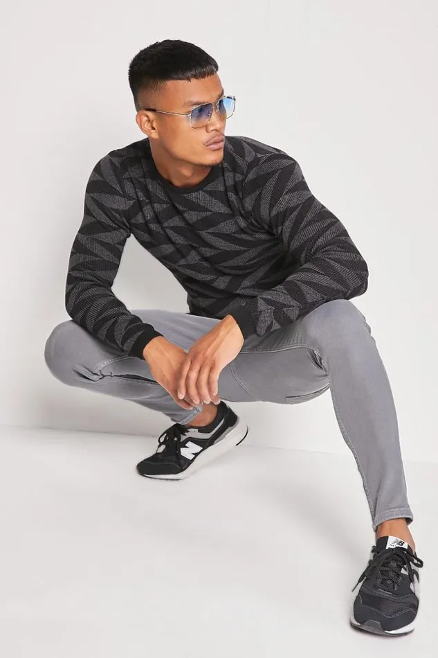 Men Black Dark Gray Sweater With Geometric Print Brentiny Paris Sweatshirts and Pullovers