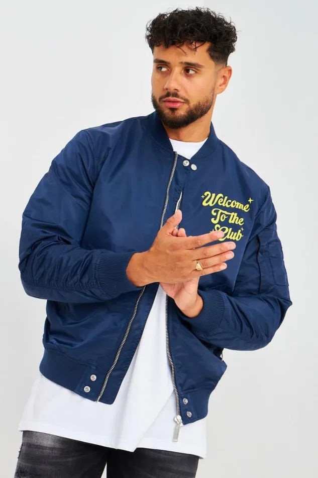 Men Bomber Bleu Marine Welcome To The Club Blue Brentiny Paris Jackets