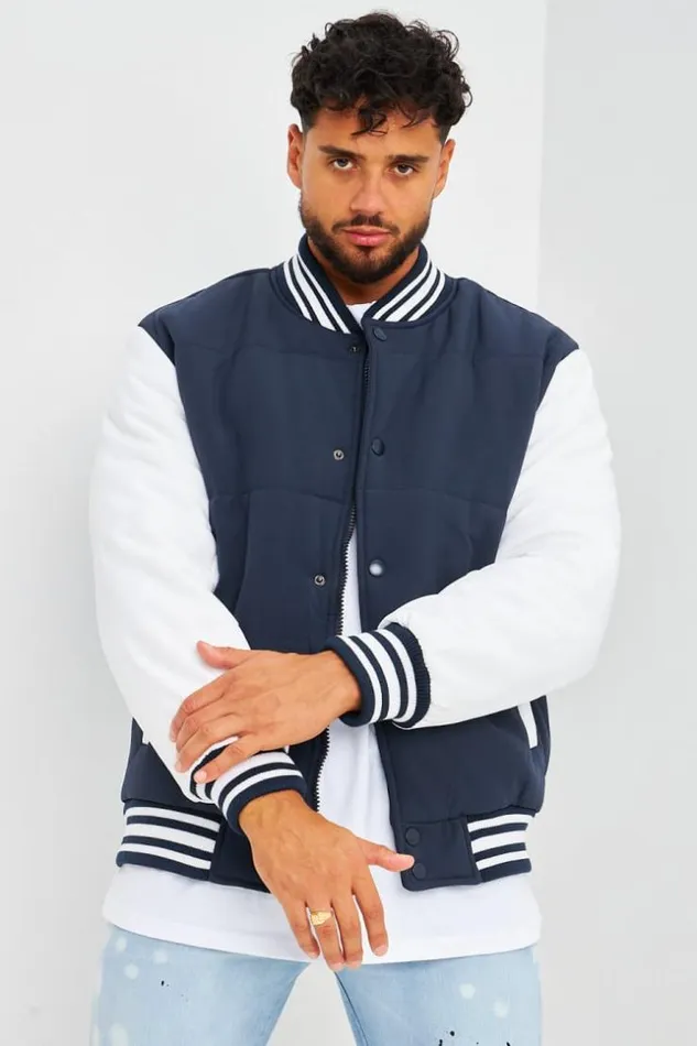 Men Bomber pais Bleu Marine Manches Longues Blanches Blue Brentiny Paris Jackets