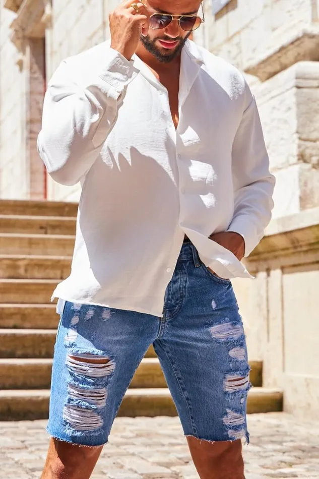 Men Brentiny Ripped Denim Shorts In Blue Brentiny Paris Shorts