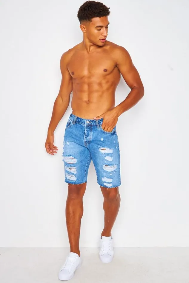 Men Brentiny Ripped Denim Shorts In Blue Brentiny Paris Shorts