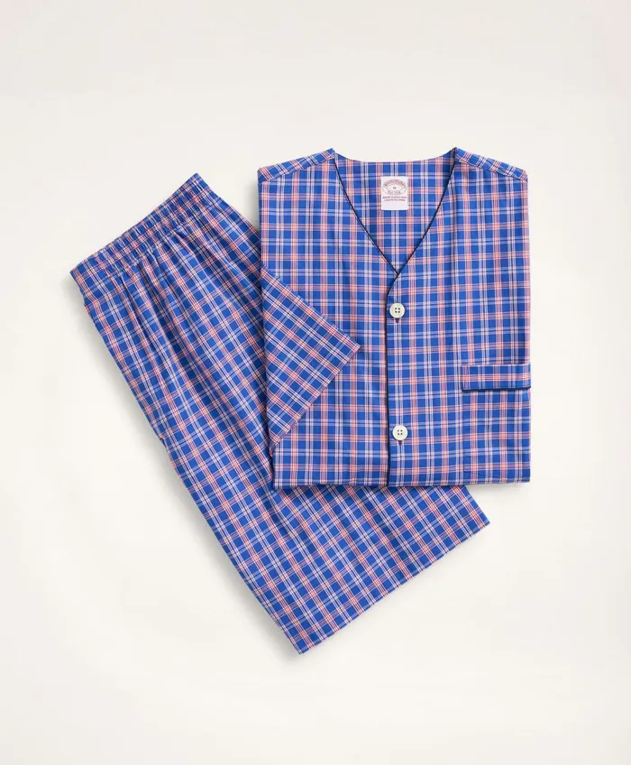 Men Check Short Pajamas Blue Brooks Brothers Pajamas and Robes