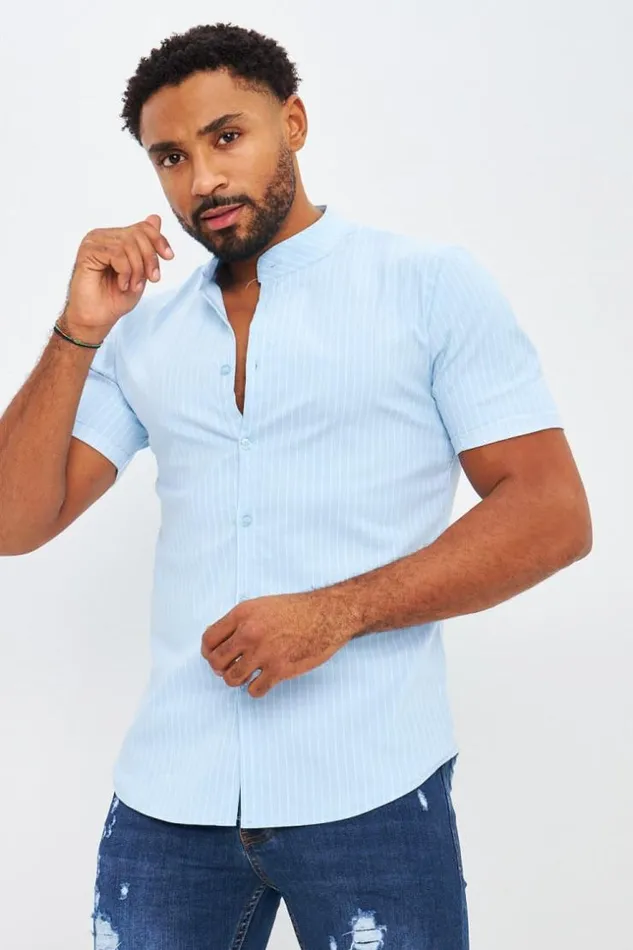 Men Collarless Shirt With Vertical Stripes In Light Blue Blue Brentiny Paris Shirts