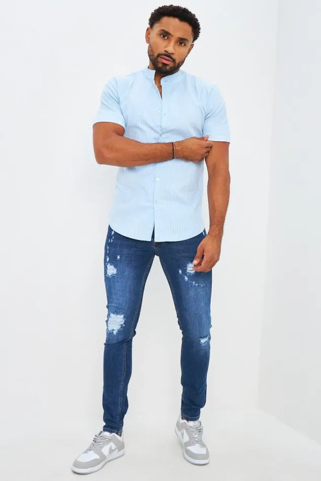 Men Collarless Shirt With Vertical Stripes In Light Blue Blue Brentiny Paris Shirts