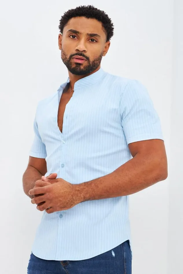 Men Collarless Shirt With Vertical Stripes In Light Blue Blue Brentiny Paris Shirts