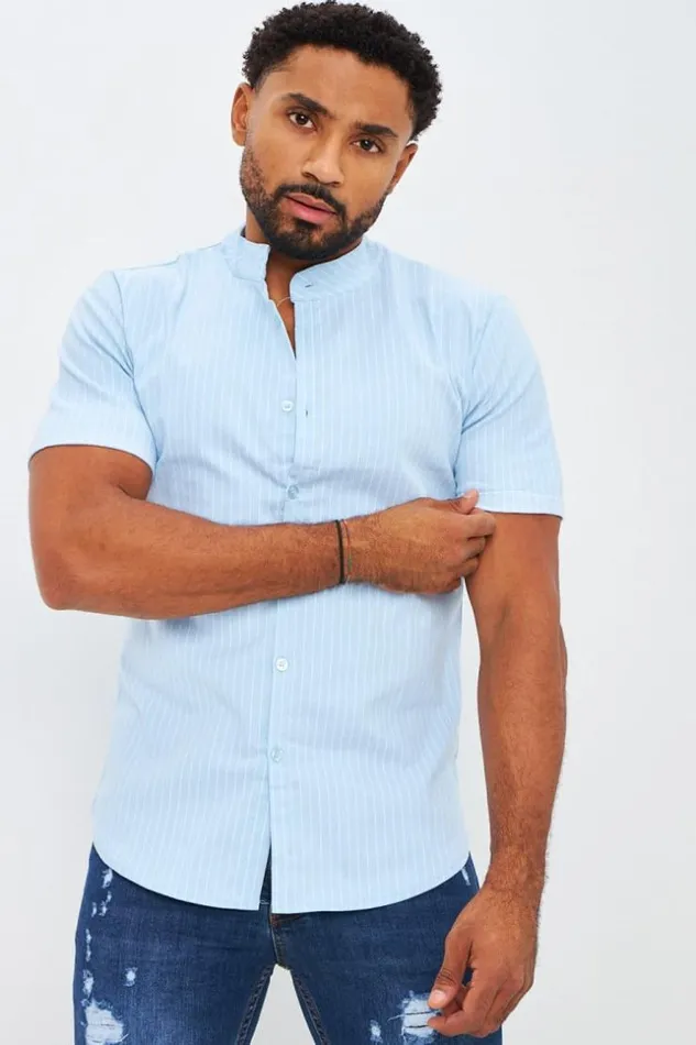 Men Collarless Shirt With Vertical Stripes In Light Blue Blue Brentiny Paris Shirts