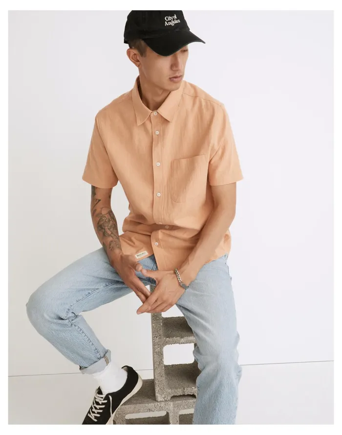 Men Crinkle Cotton Perfect Short Sleeve Shirt Dried Peach Madewell Shirts Men Crinkle Cotton Perfect Short Sleeve Shirt Dried Peach Madewell Shirts