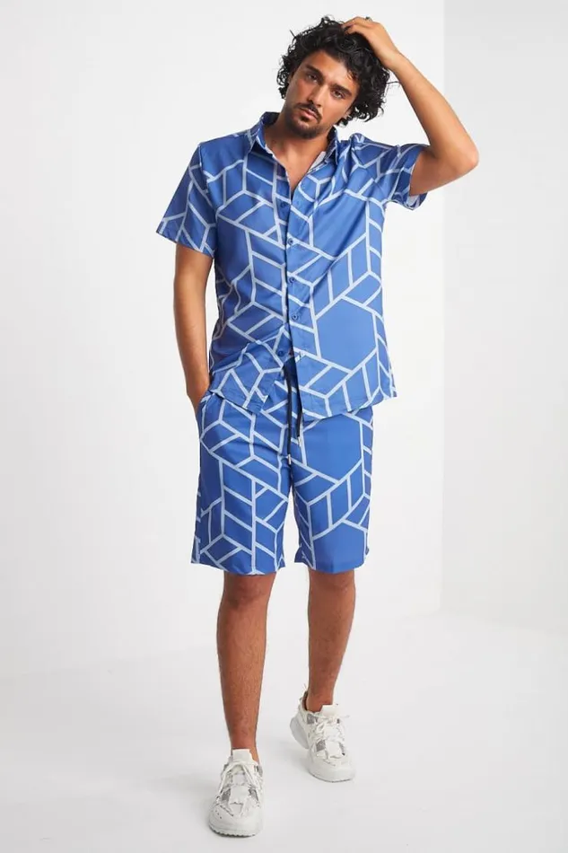 Men Ensemble 2 Pices Chemise Short Bleu Motif Gomtrique Blue Brentiny Paris Top Bottom Sets Men Ensemble 2 Pices Chemise Short Bleu Motif Gomtrique Blue Brentiny Paris Top Bottom Sets