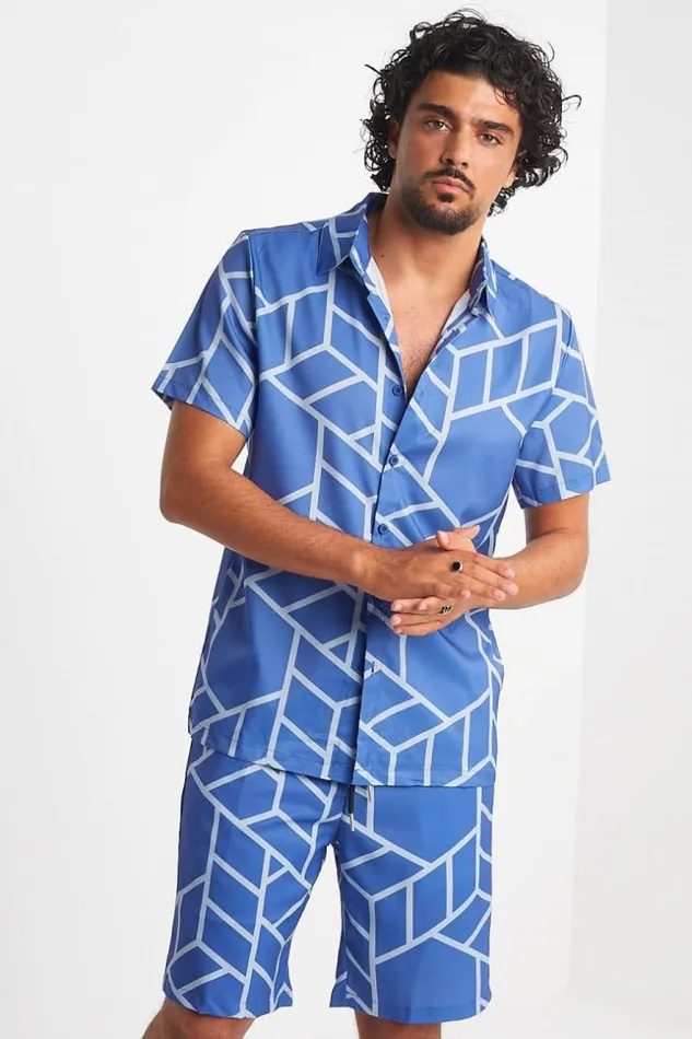 Men Ensemble 2 Pices Chemise Short Bleu Motif Gomtrique Blue Brentiny Paris Top Bottom Sets Men Ensemble 2 Pices Chemise Short Bleu Motif Gomtrique Blue Brentiny Paris Top Bottom Sets