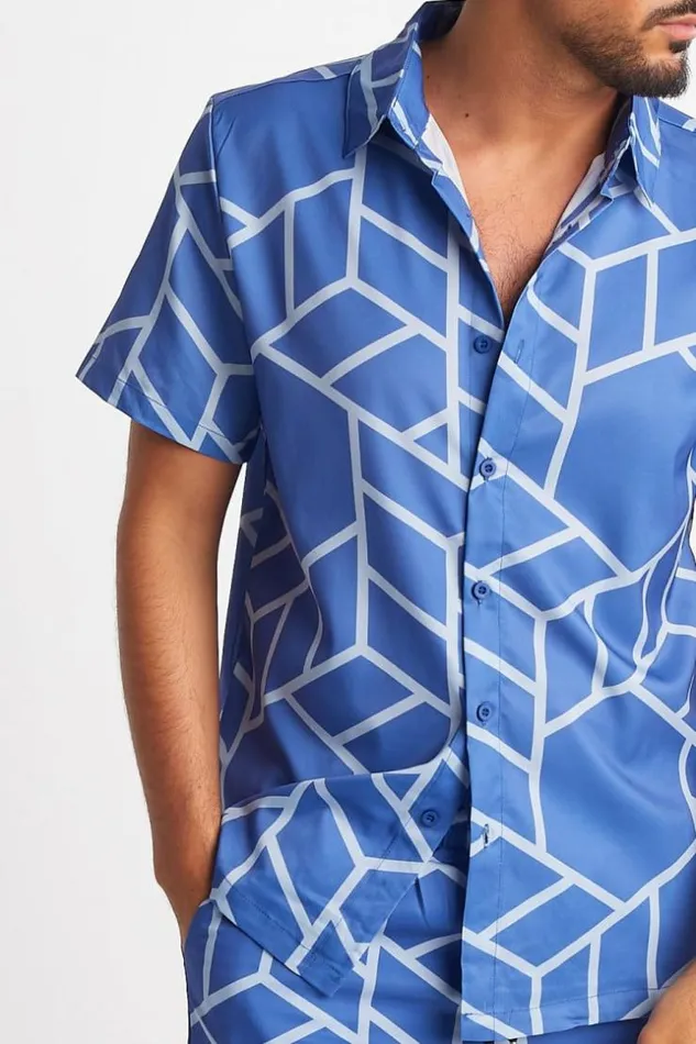 Men Ensemble 2 Pices Chemise Short Bleu Motif Gomtrique Blue Brentiny Paris Top Bottom Sets Men Ensemble 2 Pices Chemise Short Bleu Motif Gomtrique Blue Brentiny Paris Top Bottom Sets
