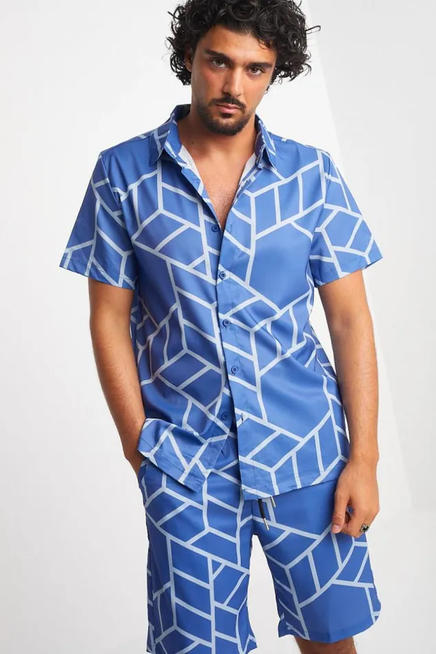 Men Ensemble 2 Pices Chemise Short Bleu Motif Gomtrique Blue Brentiny Paris Top Bottom Sets Men Ensemble 2 Pices Chemise Short Bleu Motif Gomtrique Blue Brentiny Paris Top Bottom Sets