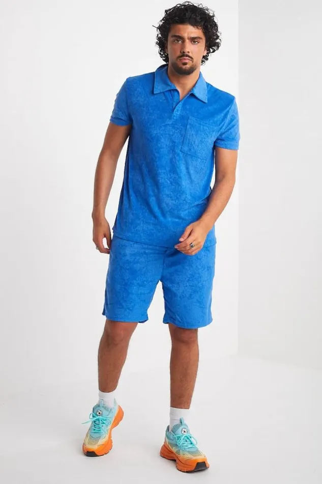 Men Ensemble 2 Pices Polo Short Bleu En Velours Blue Brentiny Paris Top Bottom Sets