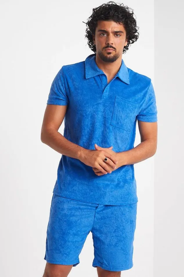 Men Ensemble 2 Pices Polo Short Bleu En Velours Blue Brentiny Paris Top Bottom Sets Men Ensemble 2 Pices Polo Short Bleu En Velours Blue Brentiny Paris Top Bottom Sets