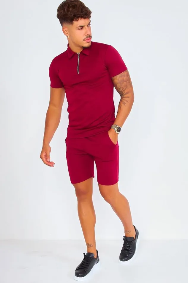 Men Ensemble Bordeaux Polo Short Red Brentiny Paris Top Bottom Sets