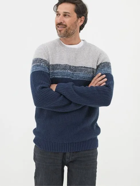 Men Fatface Knitwear Hinton Navy Chest Stripe Crew Neck Jumper