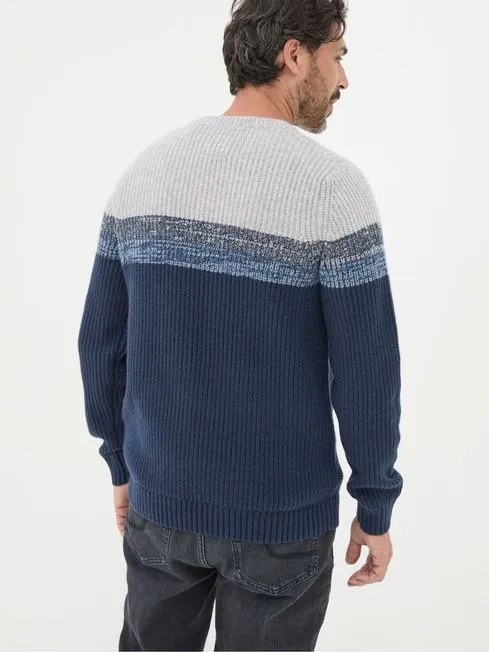 Men Fatface Knitwear Hinton Navy Chest Stripe Crew Neck Jumper