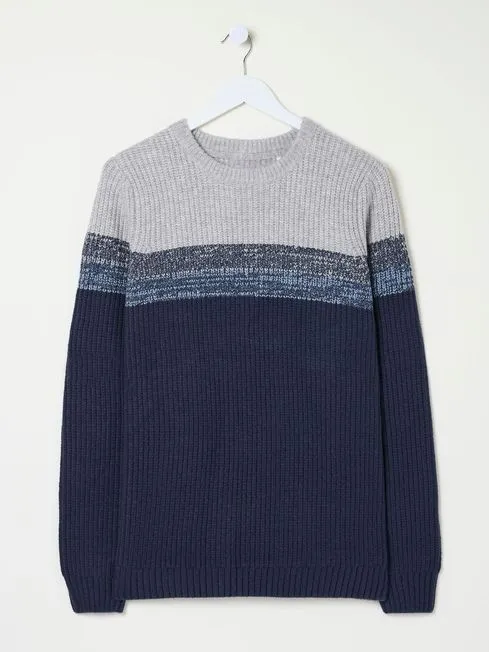 Men Fatface Knitwear Hinton Navy Chest Stripe Crew Neck Jumper