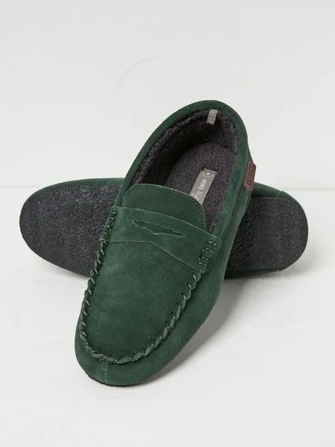 Men Fatface Pajamas and Nightwear Dark Green Suede Moccasin Slippers Men Fatface Pajamas and Nightwear Dark Green Suede Moccasin Slippers