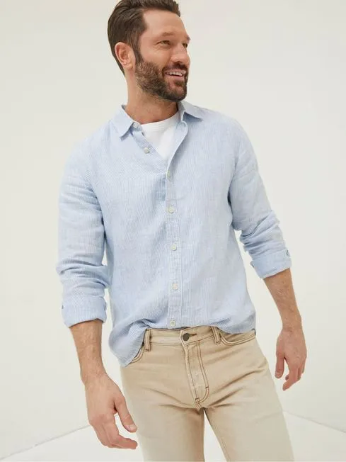 Men Fatface Shirts Blue Stripe Linen Shirt