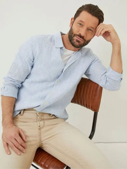 Men Fatface Shirts Blue Stripe Linen Shirt Men Fatface Shirts Blue Stripe Linen Shirt