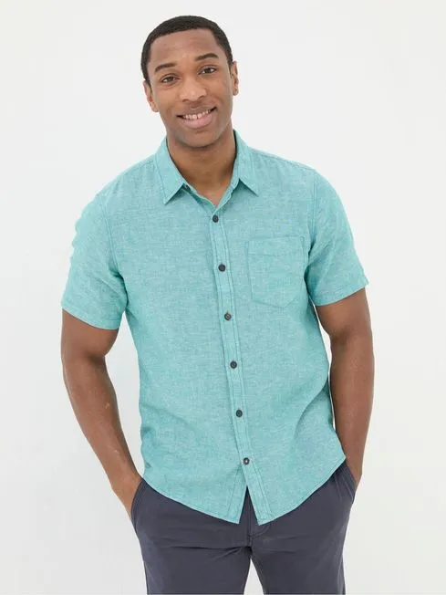 Men Fatface Shirts Bugle Teal Green Linen Cotton Shirt