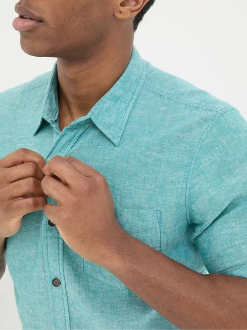 Men Fatface Shirts Bugle Teal Green Linen Cotton Shirt