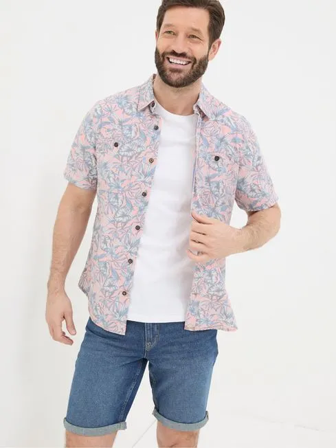 Men Fatface Shirts Chambray Pink Palm Print Shirt