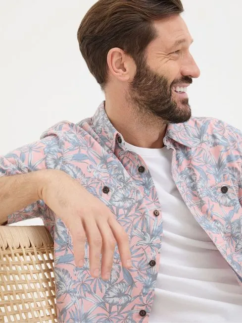 Men Fatface Shirts Chambray Pink Palm Print Shirt